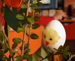 Dekoration für Osterstern mit Küken im Ei